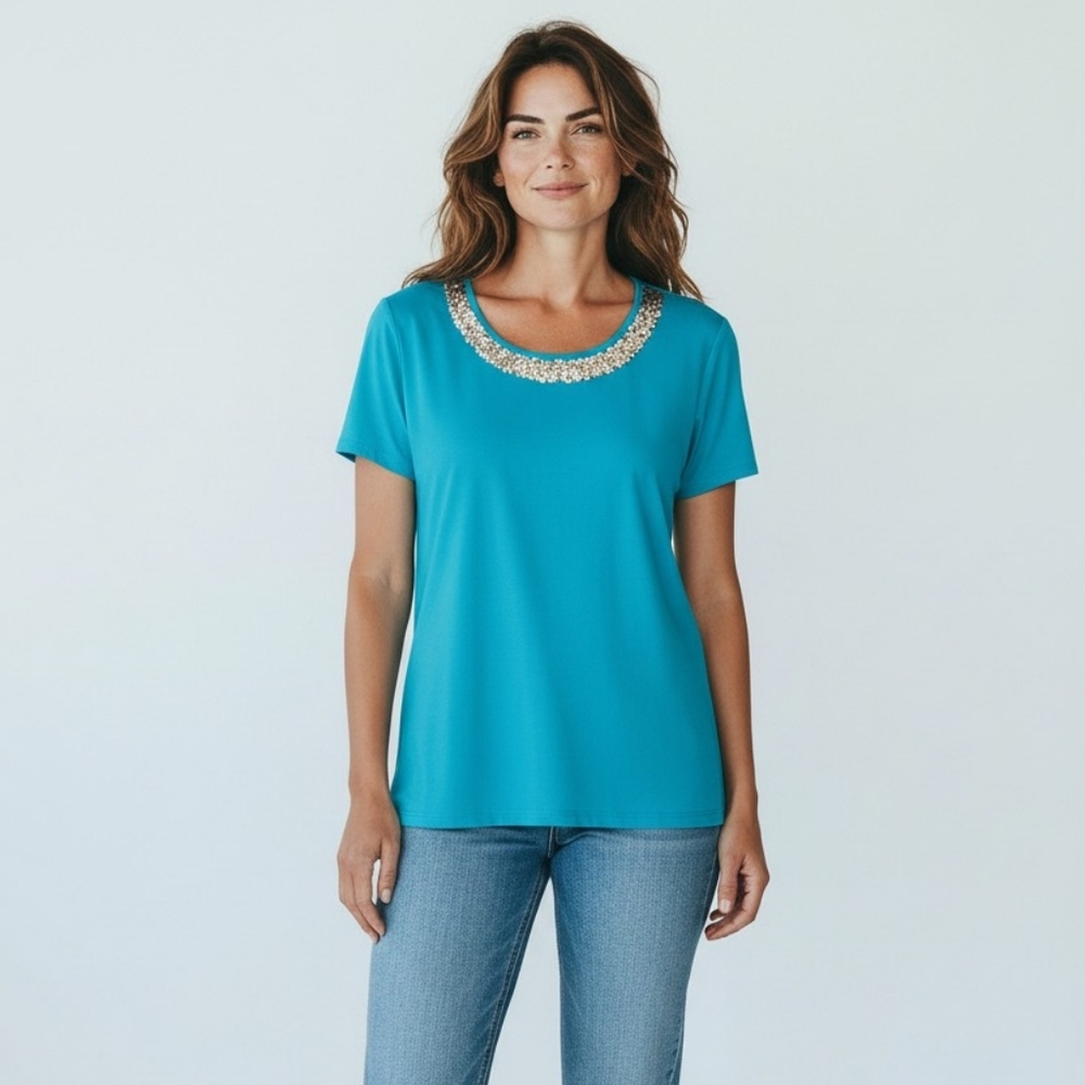 Coldwater Creek Turquoise Embellished Short Sleeve Top